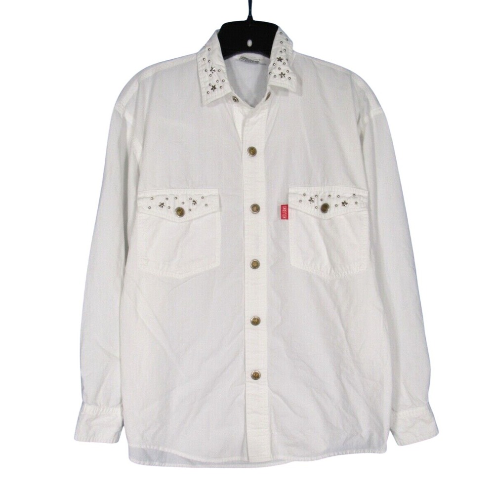 Vtg ABSOLUTELY NO! JEANS White COTTON TWILL Studded SNAP-UP Western SHIRT Sz S